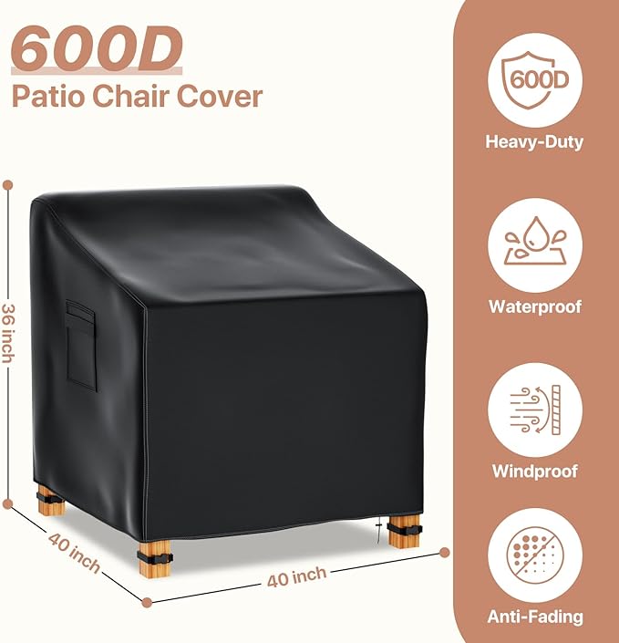 Likorlove Patio Chair Covers Waterproof – Fits up to 40" W x 40" D x 36" H, 600D Heavy Duty Outdoor Lounge Chair Covers, UV & Fade Resistant, Windproof with Buckles & Drawcord, Black (2Pack)