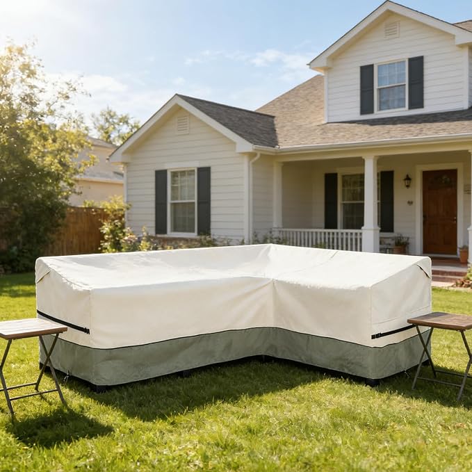 okcool Outdoor Sectional Cover,L-Shaped Patio Furniture Covers for 4-Seater Outdoor Sectional Furniture Couch 85”W (Back Length) x 58”W (Right Side),White&Grayish Green