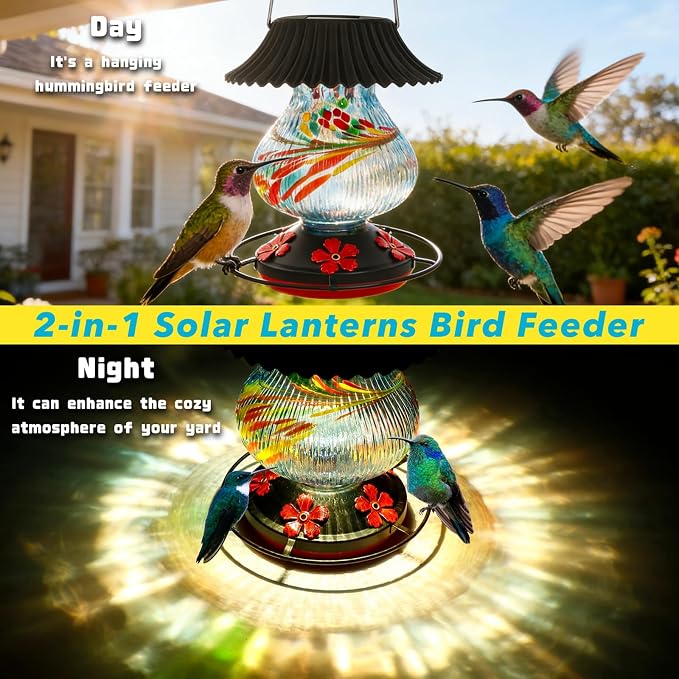 Solar Glass Hummingbird Feeder for Outdoors- 26 fl.oz Best Hummingbird Feeders with Ant Moat & Perch - 5 Feeding Ports - Wasp Leak Proof- Hand Blown Glass Color Changing Glowing in Dusk