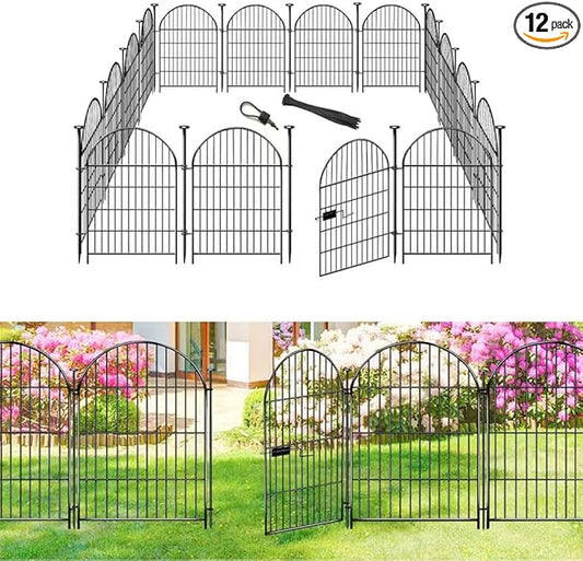 ADAVIN Garden Fence Animal Barrier with Gate 40 in(H)×26.2 Ft(L) 12 Panels,Rustproof Metal Wire Tall Fencing Border for Dogs Rabbits,Outdoor no dig pet Fences,Black Flower Edging for Yard,Arched