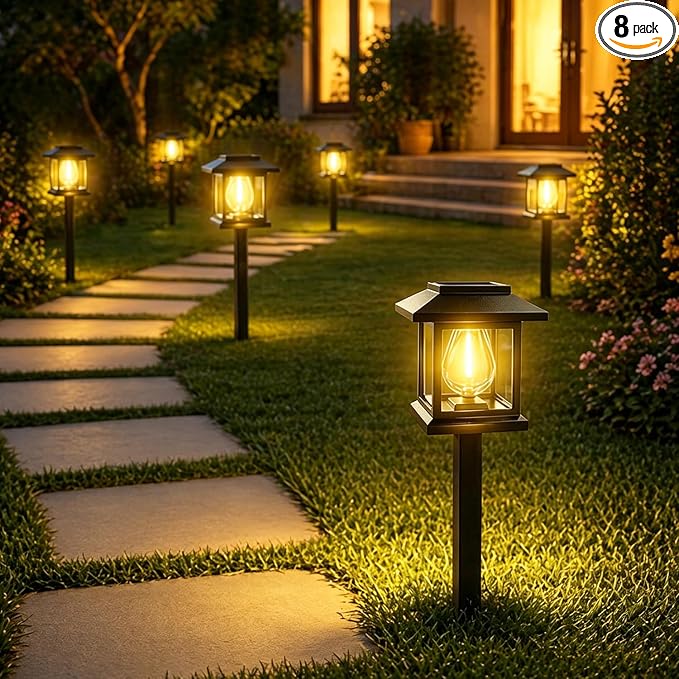 8-Pack Solar Pathway Lights - High-Efficiency Polycrystalline Panels for All-Night Glow - IP65 Waterproof Outdoor Landscape Lighting for Garden, Walkway & Driveway Security (Black)