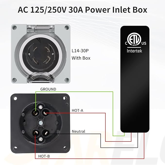 STARELO 30 Amp Generator Power Inlet Box NEMA L14-30P,125/250 Volt 7500W, Outdoor dustproof and Weatherproof for generators, Welding Machines, etc.ETL Listed.(NEMA L14-30P Box)