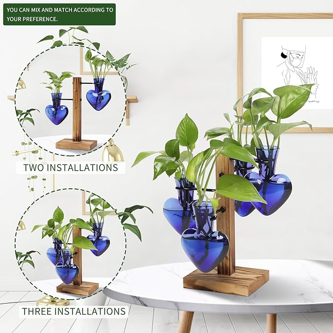 Plant Terrarium Propagation Stations with Wooden Stand | Glass Vase for Indoor Hydroponics Home Garden Office Decoration Gift for Women - 4 Love Bulb Vase