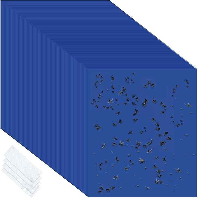 Qualirey 50 Pcs 6x8 Inch Blue Sticky Traps for Thrips Double Sided Sticky Trap for Gnats Plant,Pest Control for Fungus Gnats, Thrips, Whiteflies with Twist Ties