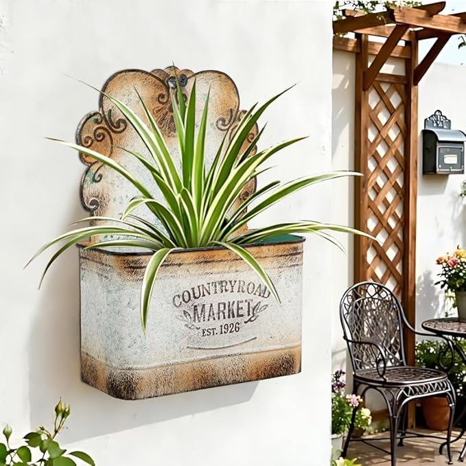 Set of 2 Metal Wall Planters Vintage Hanging Wall Planter Rustic Farmhouse Outdoor Decor Shabby Mount Planters for Fence Garden Patio Porch - Silver