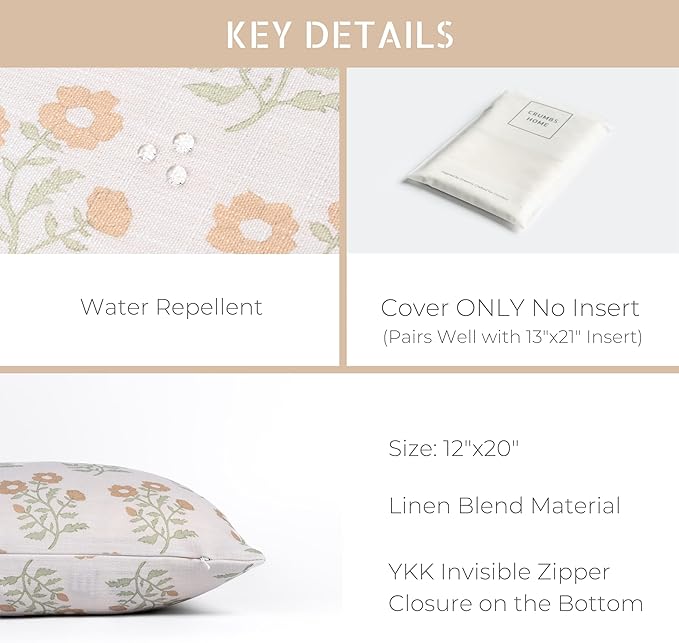 Crumbs Home Modern Farmhouse California Casual Indoor Outdoor Lumbar Pillow Cover, 12"x20" Water Repellent for Patio, Backyard, Couch, Poolside, Ivory Cream Tan Green Print Block Painting Flowers