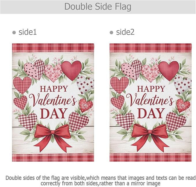 Pfrewn Valentine House Flag 28 x 40 Double Sided, Heart Wreath Wooden Garden Yard Flags Welcome Spring Outdoor Indoor Banner for Wedding Party Home Decorations