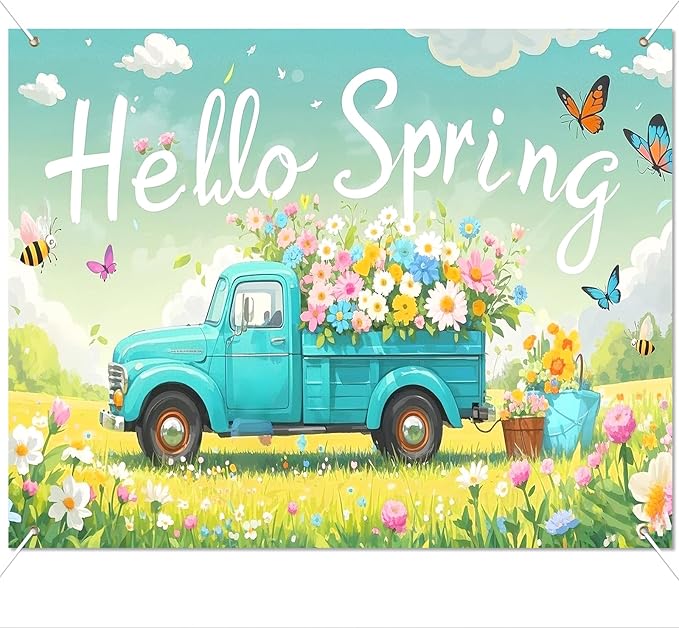 BlissYard Hello Spring Backdrop 8x6ft Flower Truck Photography Background Spring Garden Party Scenic Banner for Easter Celebration Birthday Baby Shower Classroom Photo Booth Decor