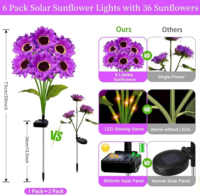 Solar Garden Lights Outdoor, 6 Pack Solar Purple Sunflower Lights with 18 Head 3.4 Inch Flowers, Waterproof Flowers Light Fall Decor Auto ON/Off for Garden Yard Patio Backyard, Gifts for Mom Women