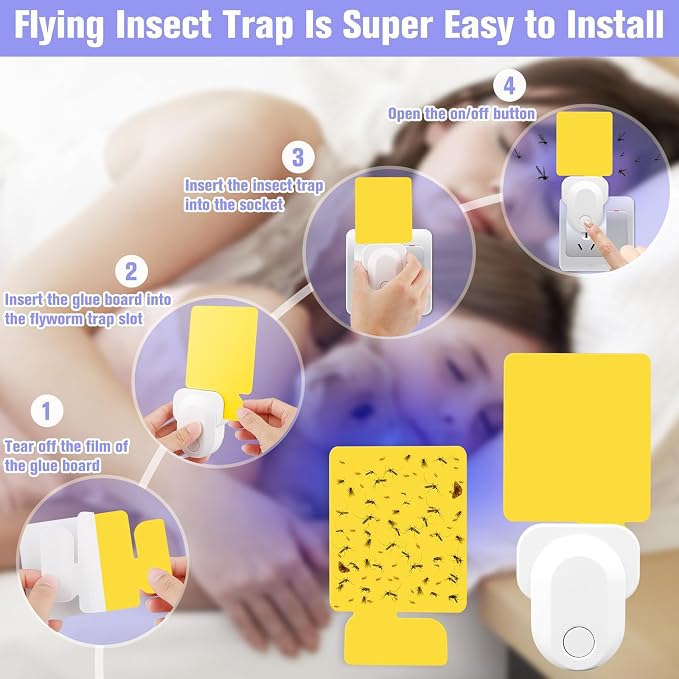 Flying Insect Trap Plug-in, Indoor Mosquito & Gnat Killer, Safe Non-Toxic UV Light Fly Catcher, Night Light Bug Trap with Sticky Pad for Flies, Gnats, Moths (1 Pack, Bright White)
