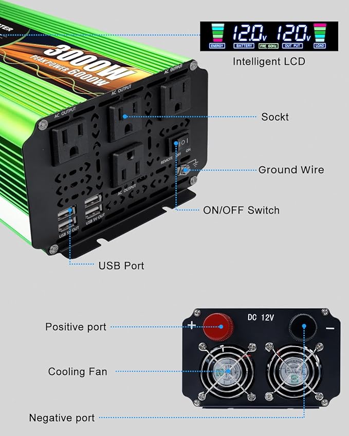 3000 Watt Pure Sine Wave Inverter, DC 12V to 120V AC Power Inverter for Vehicle, RV, Truck, Off-Grid, Car Power Inverter with 4 AC Outlet, 20W USB-C, 5V/3.1A USB, Remote & Panel Control, Surge 6000W