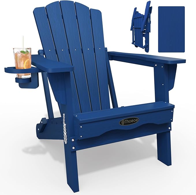 THOEOE Folding Adirondack Chair,HDPE All-Weather Outdoor Chair with Cup Holder,Wooden Textured,Fire Pit Chair,Plastic Patio Chair for Deck,Backyard,Garden,Lawn, Navy Blue