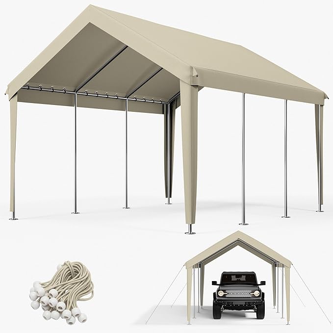 10 x 20 Ft Carport Replacement Cover, Heavy Duty Outdoor Car Tarp Canopy, Waterproof & UV Protected Tear Oxford Tarp with Ball Bungees (Frame is Not Included)