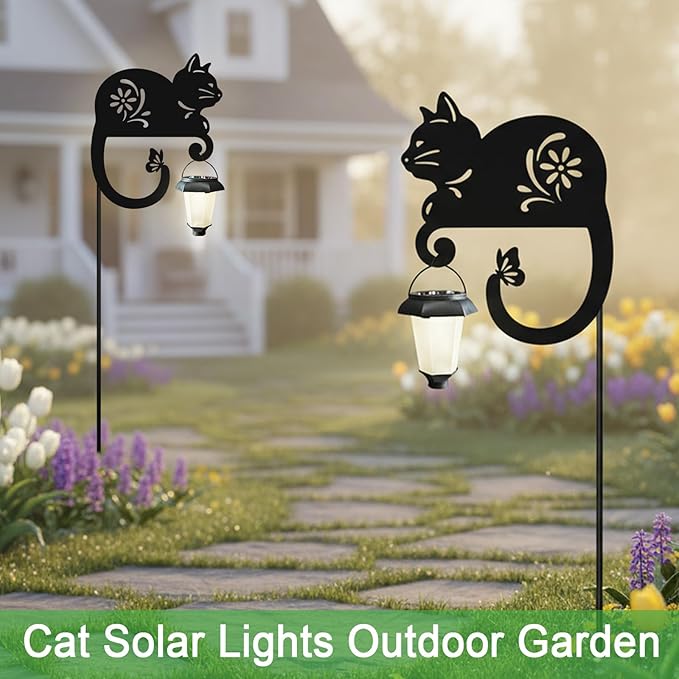 Cat Solar Lights Outdoor,Metal Black Cat Yard Decorations Outside for Garden Decor Stake,Solar Lights for Pathway,Women Gifts