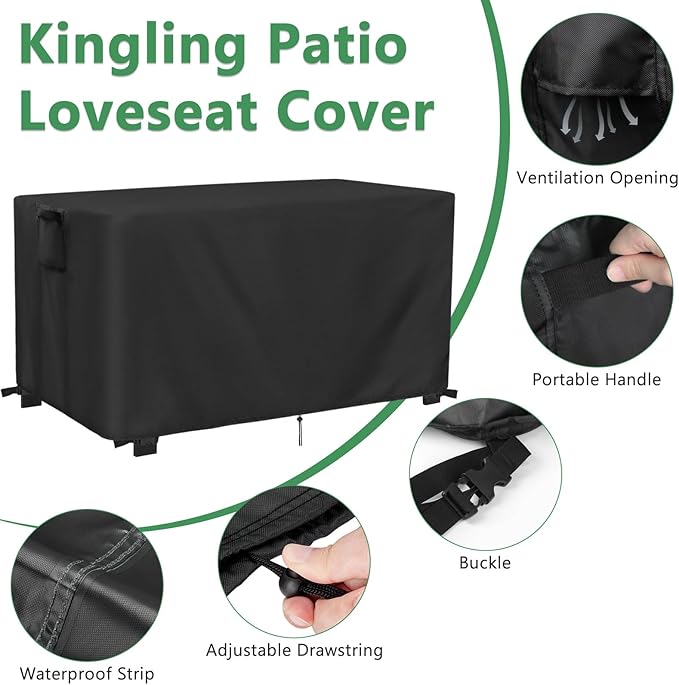 Kingling Outdoor Bench Cover Waterproof, Heavy Duty Patio Sofa Covers for 2-3 Seater Sofa, Loveseat & Couches Weather Protection Couch & Loveseat cover-55 L x 28" W x 33 "H inch(Black)