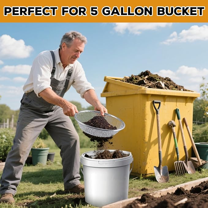 Sifter.Size 1/4" Mesh Soil Sifter Sieve - Heavy Duty Galvanized Screen for Compost, Dirt, Rocks, Gravel & Garden - Fits 5 Gallon Bucket, Rust-Resistant - Composting & Sifting Tool