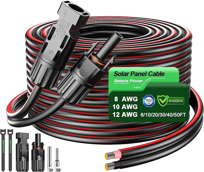 Bateria Power 30Ft 10AWG Solar Panel Extension Cable, 6mm² Twin Wire Conductor Parallel Solar Wire Adapter Kit with Waterproof Female & Male Solar Connectors for RV, Marine, Photovoltaic Systems