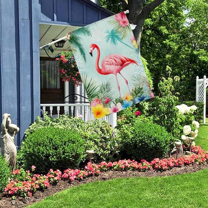 AOYEGO Pink Flamingo House Flag 28 x 40 Inch Large Vertical Double Sided Summer Fresh Palm Trees Background Watercolor Flowers Seasonal Outside Décor for Garden Yard Farmhouse Flags
