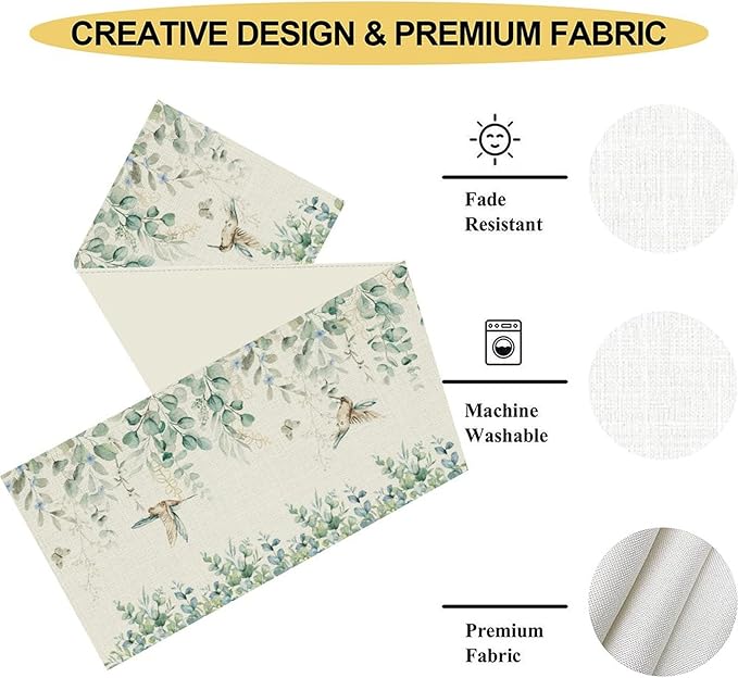 Floral Birds Table Runner, Rustic Boho Eucalyptus Leaves Watercolor Hummingbird Spring Seasonal Coffee Table Center Decor for Family Kitchen and Dining Farmhouse Party Table Decorations, 13"x36"