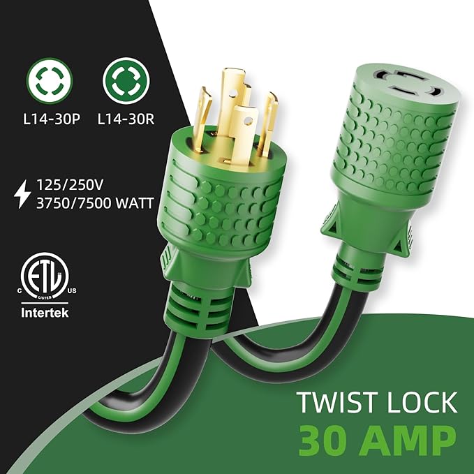 4 Prong 30 Amp Extension Generator Cord 25FT, NEMA L14-30P/L14-30R, 125/250 Volt Up to 7500 Watts, 10 Gauge SJTW Twist Lock Power Cord for Manual Transfer Switch, Black&Green, ETL Listed