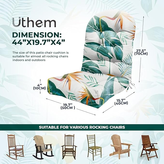 2 Pack Adirondack Chair Cushion Waterproof Indoor Outdoor Rocking Chair Cushion 44 Inches Patio High Back Chair Cushions Thickened Adirondack Rocking Chair Cushions with Ties, Yellow-Green Leaf