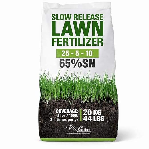 Slow Release Lawn Fertilizer 25-5-10 NPK - 65% Granular Nitrogen Formula for Deep Feeding up to 110 Days - 20kg (44lbs) Bag - Kid & Pet Safe Lawn Care for Lush Green Grass