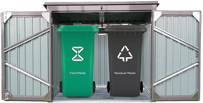 76 Cu.Ft Outdoor Trash Can Storage Shed, Metal Trash Can Storage Bin with Spring Chain Lid for Garbage Storage, Waterproof Storage Shed Stores for 2 Trash Cans, Garden Tools, Gray