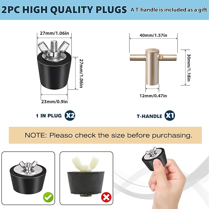 2 Pack 1 inch Rubber Pool Winter Plugs with T-Handle – 1" Pool Winterizing Plugs with Stainless Steel Screws Bolts Pool Return Jet Plug for Inground & Above Ground Pools