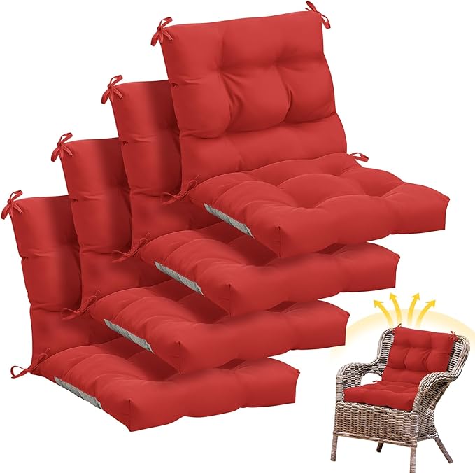 Marsui 4 Pcs Outdoor Indoor High Back Chair Cushions Patio Furniture Tufted Pillow with Ties Water-Resistant Replacement Outdoor Rocking Chair Cushions, 42 x 21 Inches (Red,Solid Color)