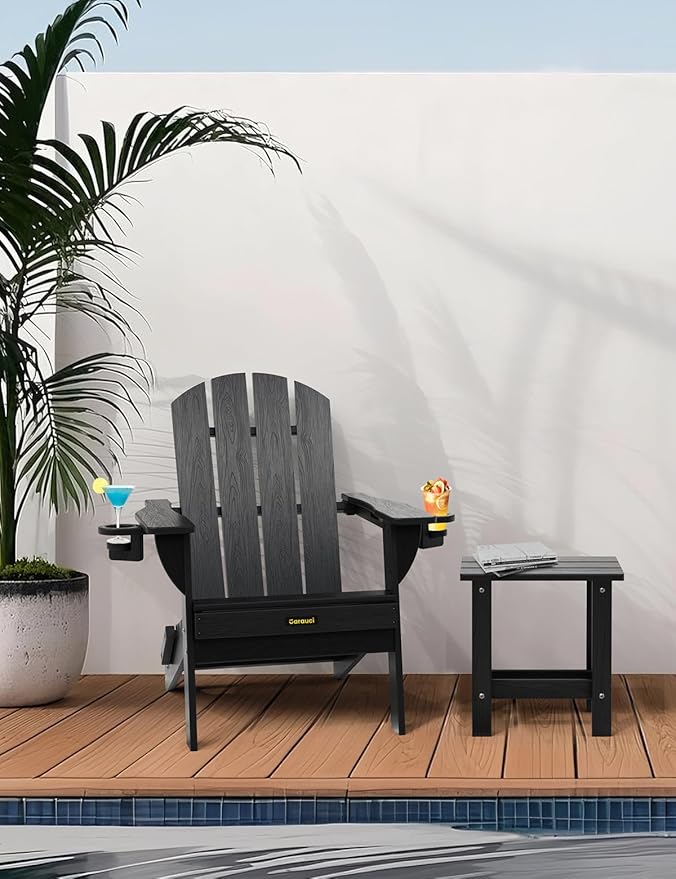 Folding Adirondack Chair Set of 2, Wooden Textured Plastic Adirondack Chairs with 2 Cup Holder, Weather Resistant HDPE Fire Pit Chair, Outdoor Patio Chairs for Garden, Backyard, Lawn, Deck, Black