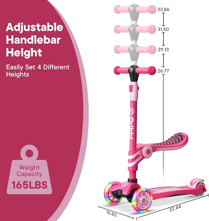 Pink 3 Wheel Scooter with Seat for Kids, Light-Up Wheels, Adjustable Lean to Steer Handlebar and Seat, Smooth Wheels, Wide No-Slip Deck, Rear Foot Brake, Toddler Outdoor Toys for Ages 2+