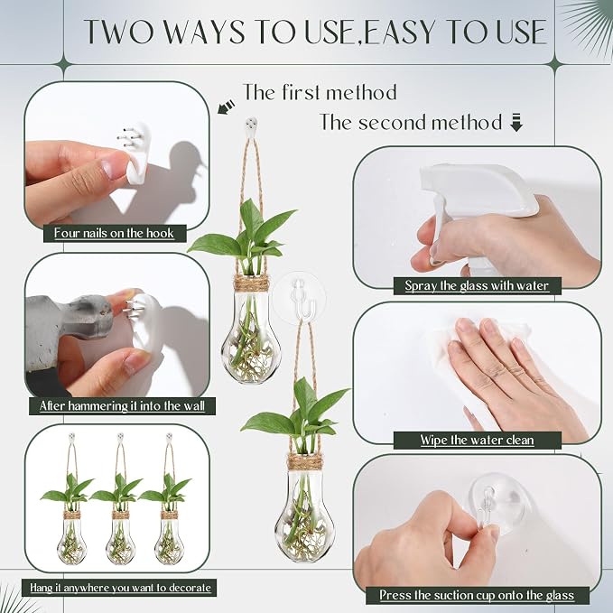Baderke 9 Sets Window Propagation Stations 3.9 Inch Plastic Hanging Plant Propagation Vases with Hooks & Cleaning Brush Clear Tubes for Plant Clippings, Home Office Decor, Gardening Gifts for Women