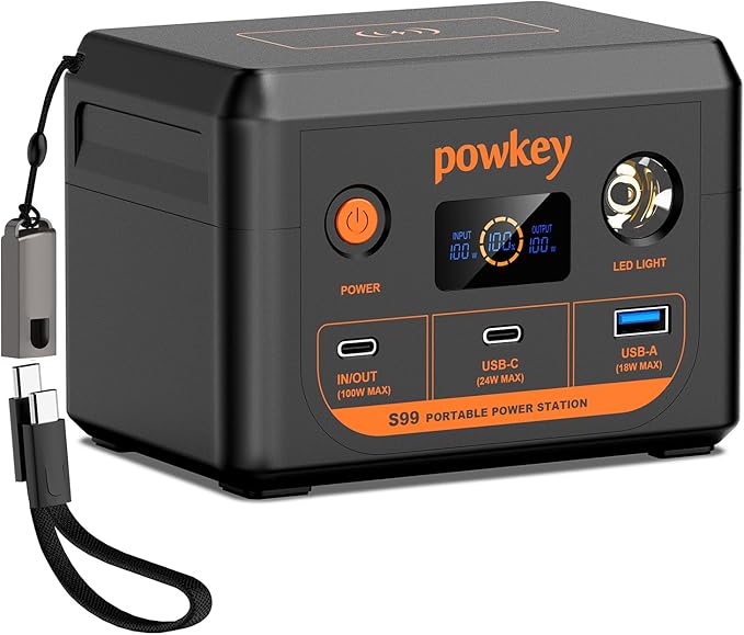 powkey Laptop Power Station 100W Portable Charger PD 3.0 Fast Charging 96Wh LiFePO4 Power Bank with USB-C Cable,Battery Backup for Laptop Phone Travel Camping Office Emergency Home