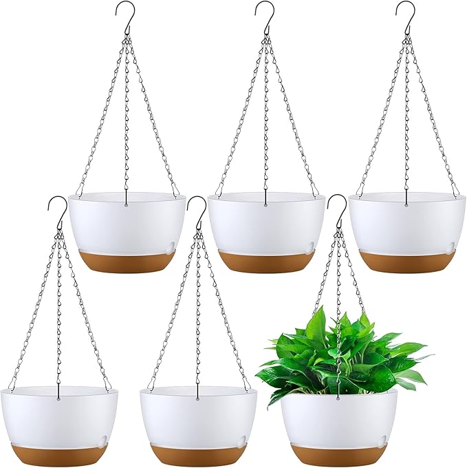 Remerry 6 Pcs 10 Inch Hanging Planter Hanging Plant Pot Plastic Round Hang Baskets for Plants Indoor Flower Pot with Drainage Holes Removable Trays for Garden Home Patio(White)