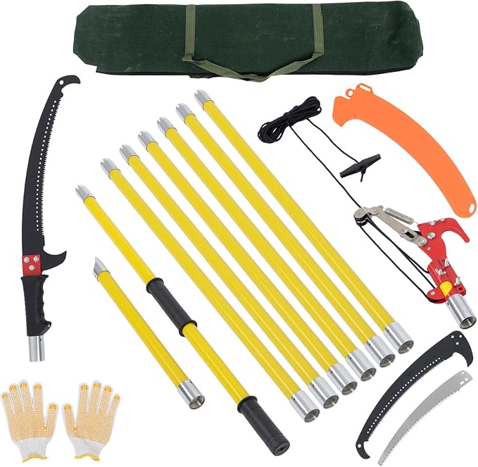 27FT Extendable Pole Saw, Manual Branch Trimmer with Long Handle, Manuals Tree Pruning Saws Band Scissors, 8 Knots Yellow