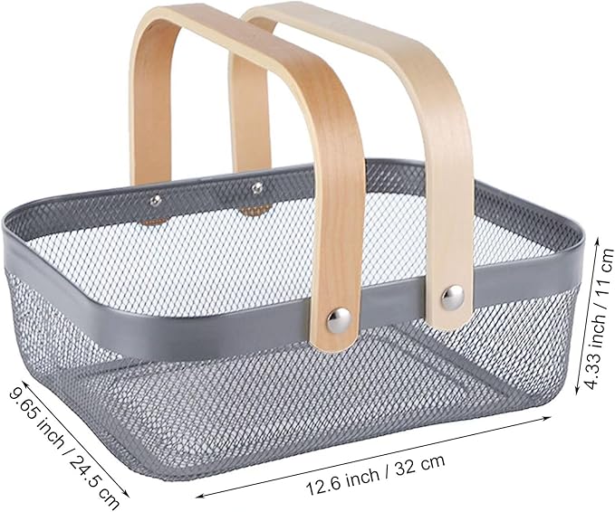 AJIODA Metal Mesh Steel Basket, Storage Organizer Basket Garden Harvest Basket Multi-functional Kitchen Fruit Baskets Bin with Wooden Handle for Bathroom Picnic Shopping Decor Cabinet Home, Grey
