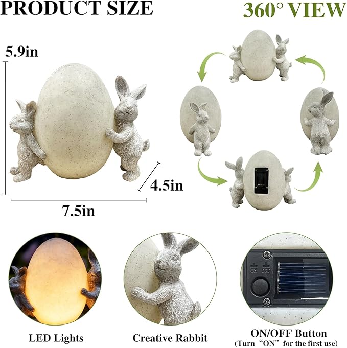 Solar Bunny Garden Statue with LED Light – Cute Solar Garden Decor Outdoor Rabbit Statue for Patio Yard Backyard Lawn, Bunny Decor Garden Statues, Easter Rabbit Gifts-Egg