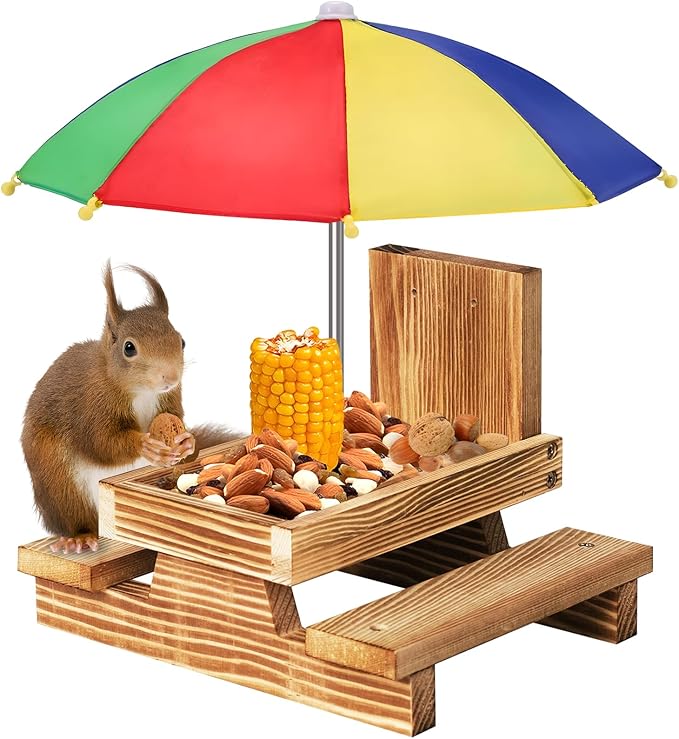 Gnodary Squirrel Feeder with Umbrella, Squirrel Feeders for Outside, Squirrel Picnic Table Feeder - Chipmunk Feeder Hold Corn, Corn Cob, Peanuts Style2 (Multiple Color)