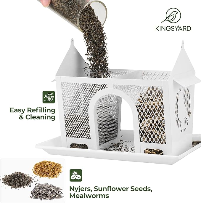 Kingsyard Bird Feeder for Outdoors Hanging, Dual-Use Metal Mesh Wild Bird Feeders with Seed Tray & Weatherproof Roof, 3 lbs Large Capacity, White