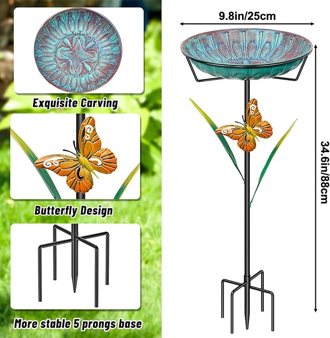 Metal Bird Bath for Outside, 35In Freestanding Birdbath with 5-Pronged Sturdy Base, Removable Easy Clean Birdfeeder Bowl with Butterfly & Leaf for Outdoors Garden Patio Yard Lawn Decor(Blue)