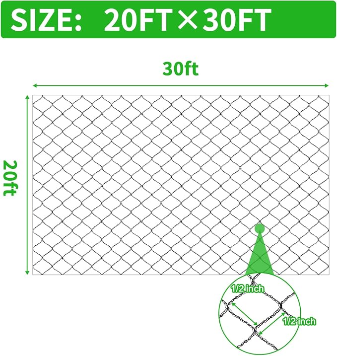 Bird Netting 20X30 FT, 1/2" Mesh, Strong Woven Garden Netting for Plants, Fruit Trees, Blueberry Bushes, Vegetables, Strawberry Protection, Against Bird, Deer, Squirres, Poultry, Small Animals