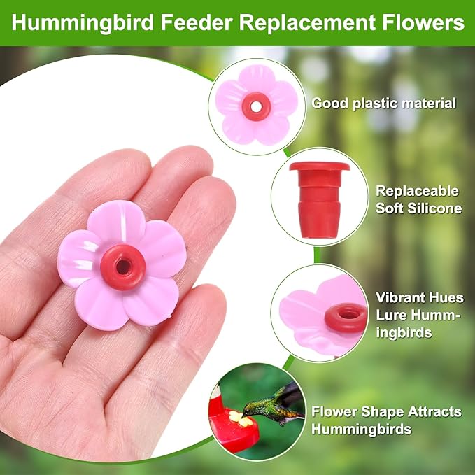 M METERXITY 16-Pack Hummingbird Feeder Replacement Flowers, Plastic Pet Hummingbird Feeding Parts Feeding Ports for Outdoor Hanging Feeders, Bees Guards [Rose Pink, Red]