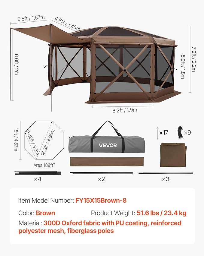 VEVOR Pop up Gazebo Screen Tent, 15 x 15 ft Large 8-Sided Camping Canopy Tent with Removable Top & Carry Bag, Quick-Set & Bite-Proof, Screen House Sun Shelter for 12-15 Persons Backyard Patio, Brown