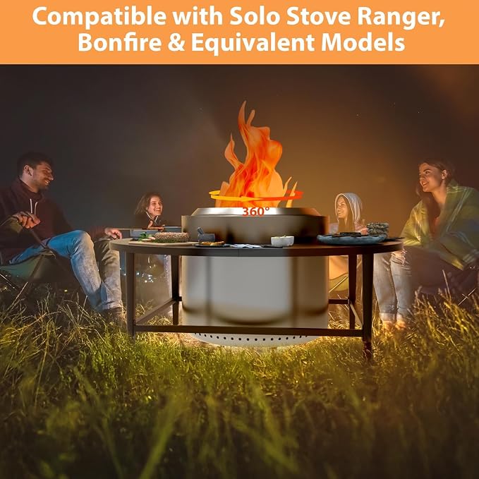 Fire Pit Surround Tabletop for Solo Stove Bonfire, Tiki, 19.5 Inch Outdoor Smokeless Fire Pit Table for Wood Burning Fire Pits, Powder-Coated Steel Stove Table Surround with Cover for Solo Stove