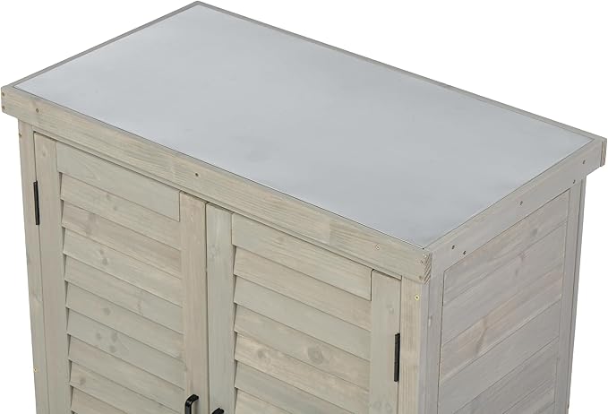 YOPTO Outdoor Wood Storage Cabinet,Garden Shed Tool with Metal Table Top, Backyard Waterproof Shelter W/Ventilated Screen Door & 2 Handles,2 Compartments,Workstation for Lawn,31x17x36'',Grey