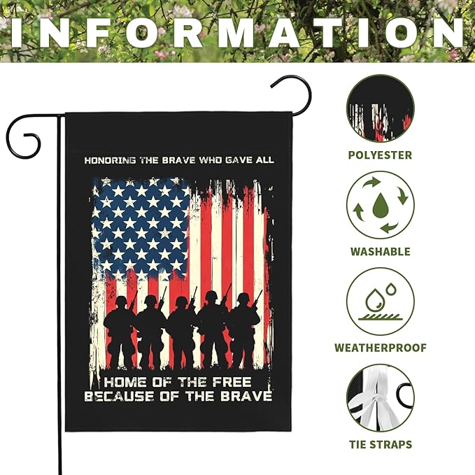 Memorial Day Patriotic Garden Flag Honoring Fallen Soldiers Home Of The Free Because Of The Brave Outdoor Yard USA Flags Honor And Brave House Banner Lawn Porch Patriotic Decor 12x18 Inch