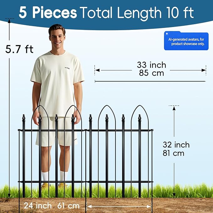 Thealyn Garden Fence 32" H x 24" W (4 Panels + 1Gate, Total 10 ft), Metal Fence Decorative Border Fence, Rustproof Landscape Fencing for Dog, Flower Bed, Yard, Patio, Animal Barrier