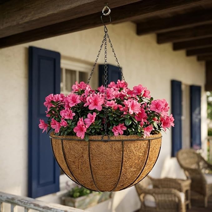 14 Inch Metal Hanging Basket with Coco Coir Liner for Flowers Planting, 2 Pack Hanging Baskets for Plants Outdoor, Round Wire Planters with Chain for Home Patio Porch Balcony Garden Decor