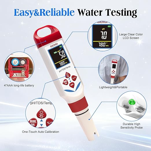 Digital pH Tester for Water, 3 in 1 pH TDS Meter for Drinking Water | 0-9990ppm pH pen with Color Display & Green Probe | AAA Battery Powered Water Tester for Drinking Water, RO/DI System