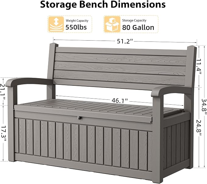 80 Gallon Lockable Deck Bench with Storage, Resin Stripes Outdoor Storage Box, Waterproof Outdoor Porch Bench for Cushions Garden Tools, and Pool Supplies, Grey
